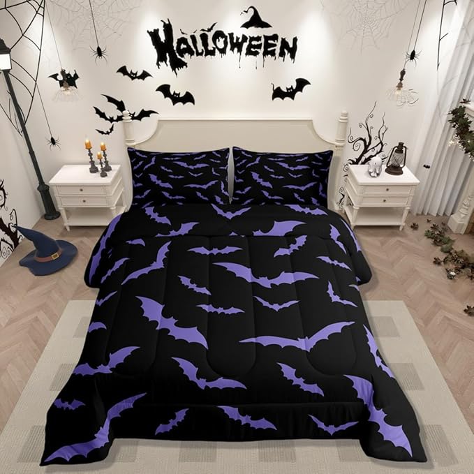 Erosebridal Happy Halloween Comforter Set with 2 Pillow Cases Dark Purple Gothic Bats Quilt King Size for Kids Boys Black Spooky Cartoon Gothic Bedding Set