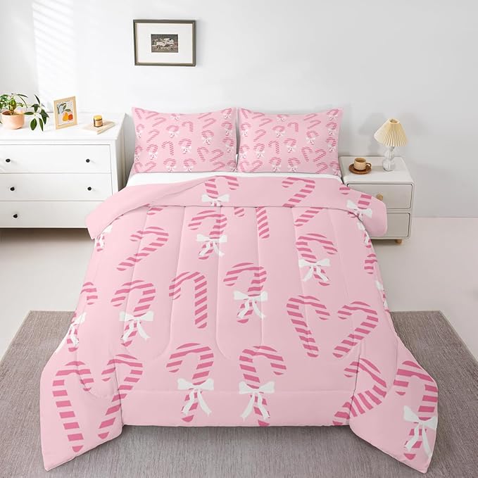 Feelyou Merry Christmas Comforter Set King Size Pink Candy Cane Bedding Set for Kids Boys Girls Bow Duvet Quilt Bedroom Decor Microfiber 3 Pcs with 2 Pillow Cases