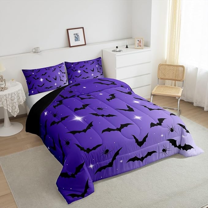 Erosebridal Bat Comforter Set King Size for Kids Galaxy Glitter Bedding Set with 2 Pillow Cases Happy Halloween Quilt Gothic Spooky Down Comforter Purple and Black