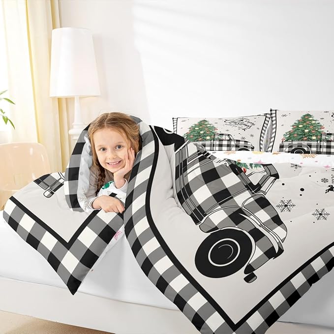 Christmas Truck Kids Comforter Set Twin Size,Snowflake Pines Trees Rustic Bedding,Girls Boys Adults Bedroom/Xmas Cabin Decor,Geometric Grids Lattice Down Comforter,Retro Duvet Insert,1 Pillowcase