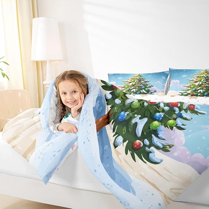Feelyou Christmas Bedding Set Soft for Boys Girls, Xmas Tree Comforter Set King Size Christmas Tree Ornaments Duvet Quilt Microfiber Winter Snowflake Bedroom Decor 3 Pcs with 2 Pillow Cases