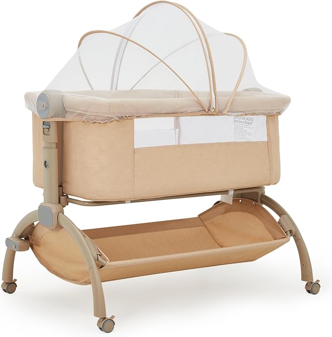 Bedside Bassinet Baby Bassinet for Baby, 3 in 1 Bedside Sleeper with Baby Co-Sleeper Travel Crib with Detachable Mosquito Net & Storage Basket | Adjustable Height, Wheels Included (Khaki)