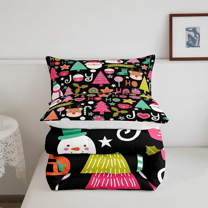 Merry Christmas Kids Comforter Set Queen Size,Cartoon Santa Claus Snowman Xmas Bedding Set,Boys Girls Adults Room Decor,Christmas Trees Deer Cute Down Comforter,Colorful Duvet Insert,2 Pillowcases
