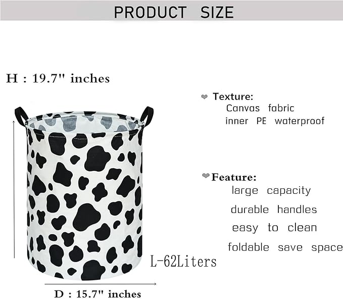 KUNRO Round Laundry Gift Basket Storage Hamper, Kids Toys and Clothes Storage Organizer Bins, Toy Shelf Basket with Handles for Room Decor (Rould Cow pattern)