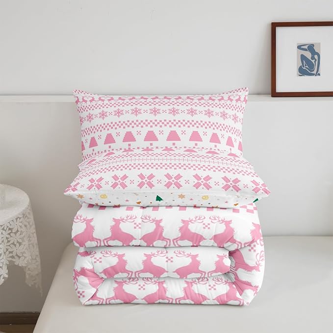Feelyou Christmas Bedding Set for Kids Boys Girls Queen Size Xmas Deer Elk Decor Comforter Set Ultra Soft Winter Comforter Xmas Snowflake Duvet Quilt Bedroom Decor Christmas Decor Quilt