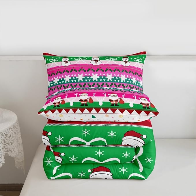 Feelyou Merry Christmas Tree Kids Comforter Set Toddler Size Cute Snowman Bedding Set Santa Claus Duvet Quilt for Kids Boys Girls Bedroom Cartoon Bowknot Decor Microfiber Ultra Soft Breathable