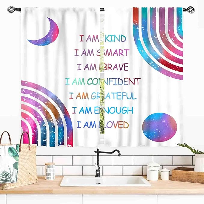 Rainbow Curtains for Girls Bedroom, Boho Rianbow Quotes Inspirational Motivational Positive Colorful Pastel Green Window Drapery for Baby Kids Living Room Toddler Nursery Classroom, 42"x54" Inch