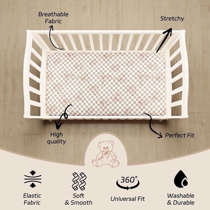 Fitted Baby Neutral Crib Sheets Bear and Buffalo Check Plaid Breathable Unisex Baby Standard Crib Sheet Set for Boys or Girls
