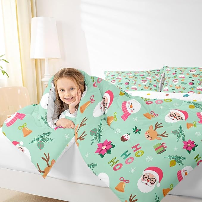 Feelyou Christmas Decor Bedding Set Soft for Boys Girls, Happy New Year Comforter Set King Size Santa Claus Duvet Quilt Microfiber Bedroom Decor 3 Pcs with 2 Pillow Cases