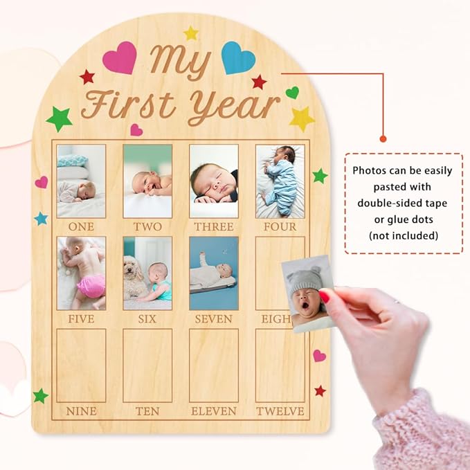 ORIGACH My First Year Baby Growth Photo Display Wood Board - 12 Months Newborn Milestones Photo Board - Neutral Baby Keepsake Frame 1st Birthday Party Nursery Decor New Mom Gift -Colorful Heart Star