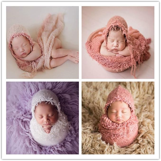 Newborn Infant Baby Boys Girls Photography Props Mohair Hat Wrap Blanket Cloth Set (Creamy-White)