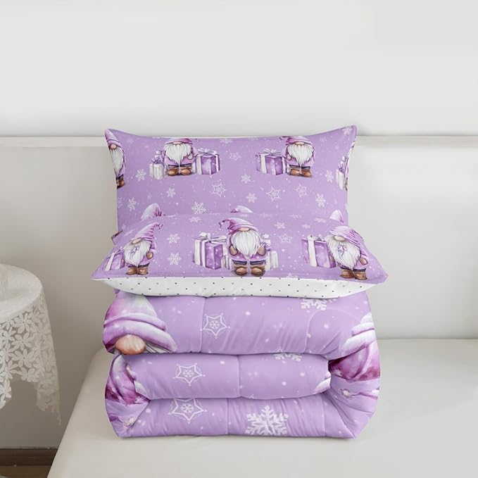 Feelyou Purple Christmas Kids Comforter Set Twin Size Scandinavian Christmas Santa Gnomes Bedding Set Xmas Snowflake Duvet Quilt for Kids Boys Girls Bedroom Decor Ultra Soft Breathable