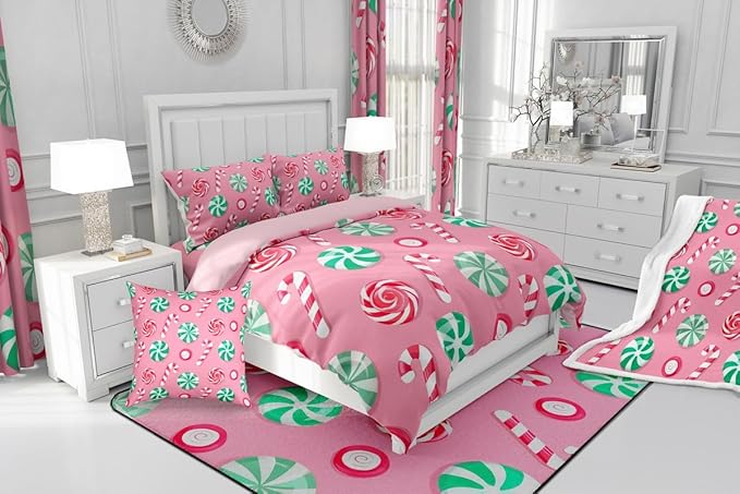 Feelyou Christmas Comforter Set Toddler Size Candy Bedding Set for Kids Boys Girls Xmas Theme Duvet Quilt Bedroom Decor Microfiber 2 Pcs with 1 Pillow Cases