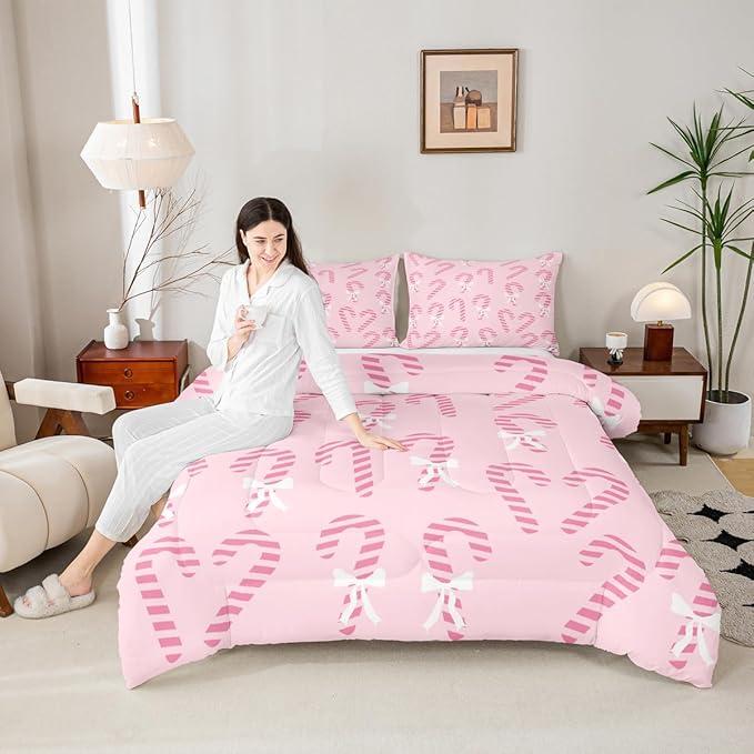 Feelyou Merry Christmas Comforter Set King Size Pink Candy Cane Bedding Set for Kids Boys Girls Bow Duvet Quilt Bedroom Decor Microfiber 3 Pcs with 2 Pillow Cases