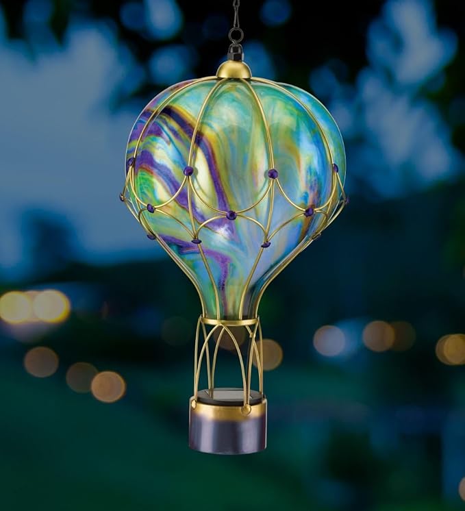 Regal Art & Gift Hot Air Balloon Solar Lantern – Hanging Solar-Powered LED Lights, Waterproof Portable Decorative Outdoor Lamp Made of Metal & Glass for Garden, Patios & Pathway – Green(Large)
