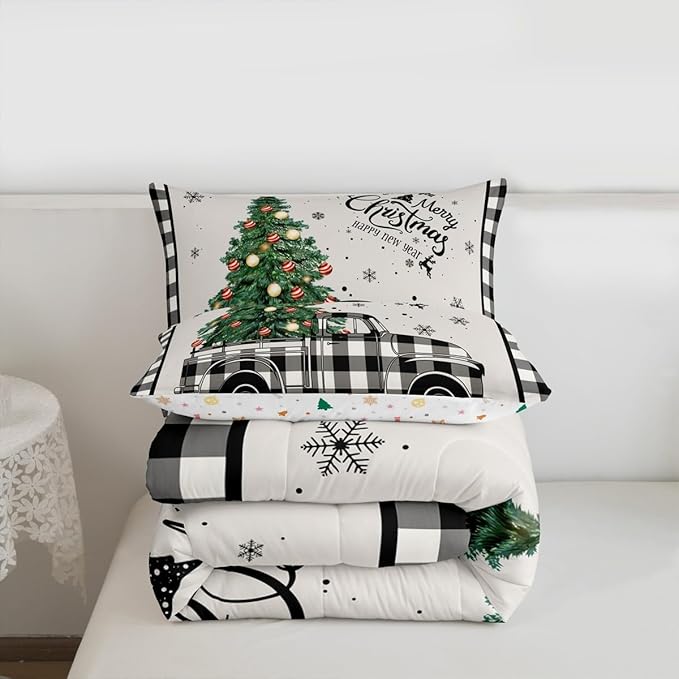 Christmas Truck Kids Comforter Set Twin Size,Snowflake Pines Trees Rustic Bedding,Girls Boys Adults Bedroom/Xmas Cabin Decor,Geometric Grids Lattice Down Comforter,Retro Duvet Insert,1 Pillowcase