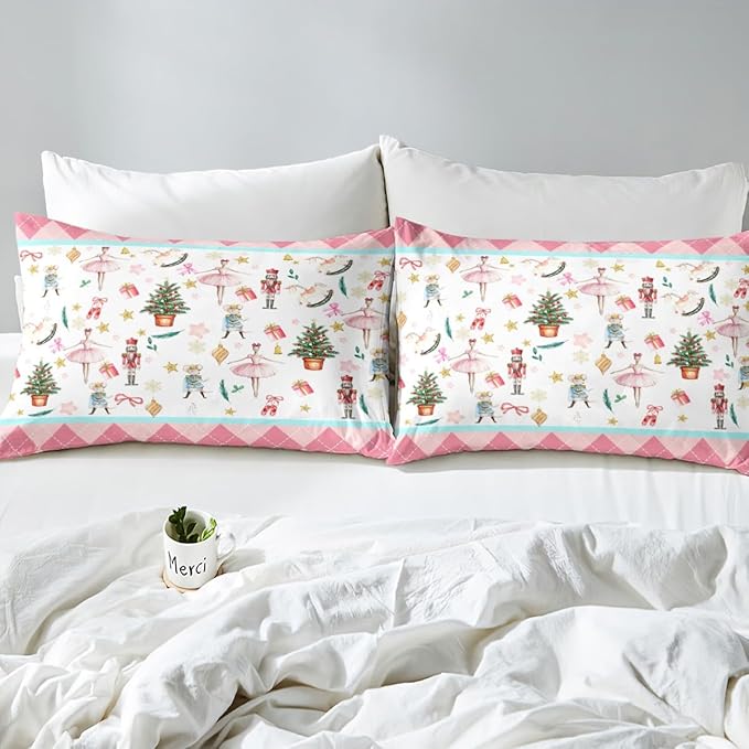 Feelyou Nutcracker Christmas Pink Comforter Cover Toddler Size Xmas Royal Guarder Ballet Princess Duvet Cover New Year Pink Buffalo Plaid Bedding Set Gifts for Kids Boys Girls 1 Pillow Case