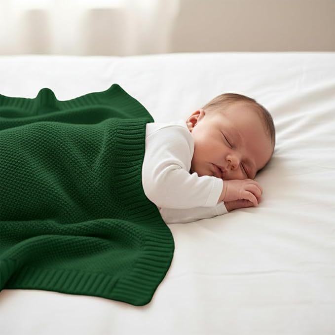 Baby Knit Blanket Soft Cotton Lightweight Newborn Blanket for Crib Stroller Toddler Nursery Shower Gift Cozy Breathable Travel Swaddle Wrap Green 36 x 28 Inches