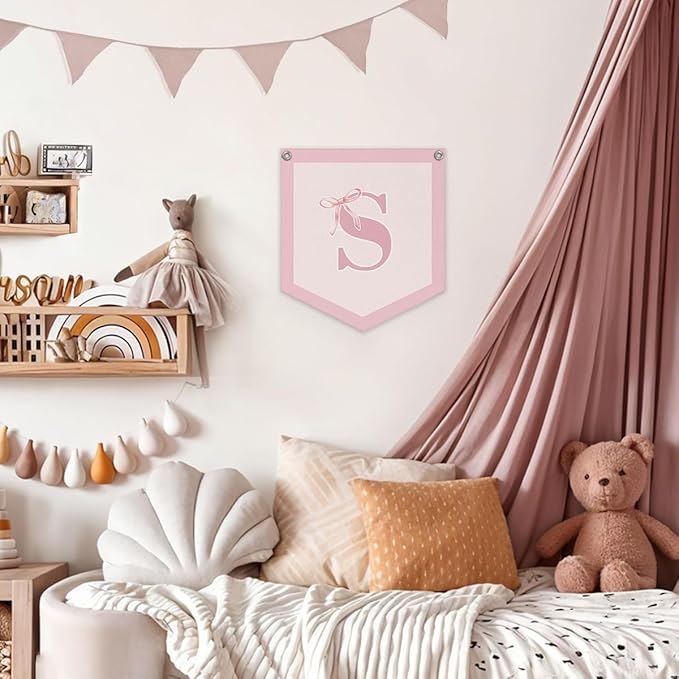Lacama Initial Personalized Preppy Banner, Baby Girl Nursery Shower Decor Gifts, Coquette Pink Bow Teen Girl Gifts, Vintage Room Decor Toddler Room Bedroom Playroom Front Door Birthday Gift(S)