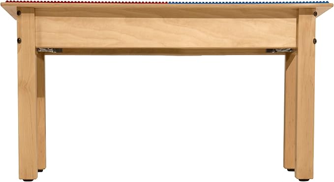 Time-2-Play Kids Montessori Lego Compatible Blocks Table with 35" Square Red and Blue Hardwood Table Top and Trough with Shelf, Children's Solid Wood Playroom Desk [14" Long Legs]