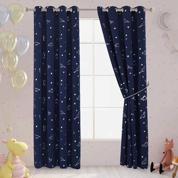 LORDTEX Dinosaur and Star Foil Print Blackout Curtains for Kids Room - Thermal Insulated Curtains Noise Reducing Window Drapes for Boys and Girls Bedroom, 52 x 84 Inch, Navy, Set of 2 Panels