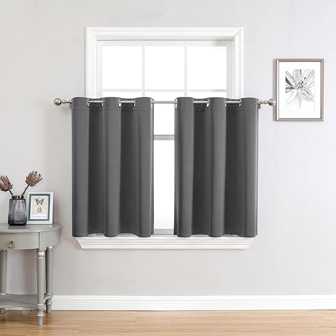 ChrisDowa Small Window Curtains 24 inches Long for Bedroom - Grommet Short Thermal Insulated Room Darkening Curtains for Kitchen (2 Panels, Grey, 36 x 24 Inch)