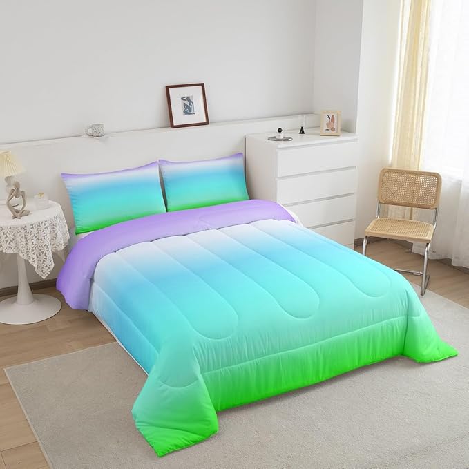Feelyou Blue Green Ombre Comforter Queen Size, Colorful Gradient Comforter Set for Boys Girls Rainbow Ombre Bedding Set Luxury Modern Duvet Set Decorative Microfiber Bed Set