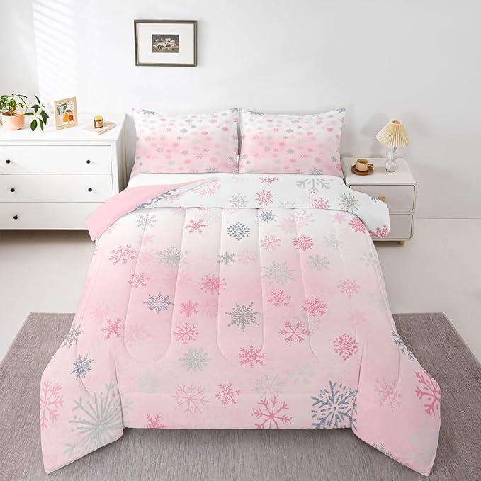 Feelyou Pink Snowflake Comforter Set Queen, Glitter Snowflake Comforter for Boys Girls Winter Theme Bedding Set Winter Holiday Duvet Set Decorative 3Pcs
