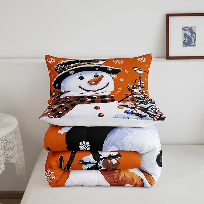 Feelyou Kids Christmas Theme Decorations Bedding Set Xmas Snowman Comforter Set for Boys Girls Snowflake Kawaii Cute Comforter Pumpkin Orange Quilt Set Bedroom Collection Queen Size