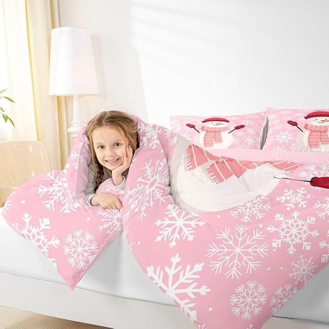 Feelyou Christmas Bedding Set Soft for Boys Girls, Snowman Pink Comforter Set Queen Size Xmas Snowflakes Duvet Quilt Microfiber Winter Snow Bedroom Decor 3 Pcs with 2 Pillow Cases