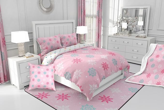 Feelyou Winter Snowflakes Bedding Set Soft for Boys Girls, Winter Holiday Comforter Set King Size Frozen Snowflake Duvet Quilt Microfiber Pink Bedroom Decor 3 Pcs with 2 Pillow Cases