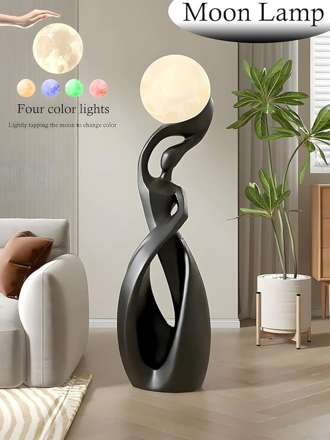 Bofea-Unique Moon Floor Lamp for Living Room,Modern Black Standing Lamps with 3D Printing Frosted Shade,Corner Art Deco Lamp,Creative Resin Tall Floor Lights for Living Room Bedroom.