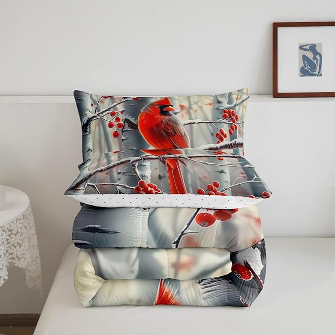 jejeloiu Kids Red Cardinal Comforter Set Queen Size Christmas Theme Bedding Set for Boys Girls Teens Xmas Birds Winter Rustic Country Farm Animal Duvet Quilt Room Decor