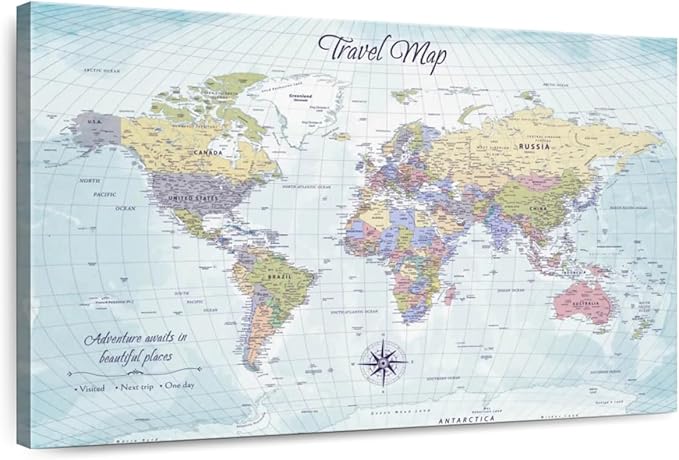 ElephantStock - Push Pin Travel Map World I Wall Art - Horizontal Canvas Wall Art - Living Room Wall Decor - Printmaking Map Canvas Art - Blue And Beige Decor - 24" x 16"