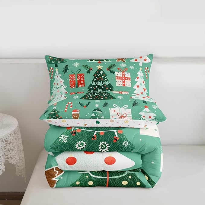 Feelyou Christmas Bedding Set Soft for Boys Girls, Xmas Tree Snowflake Comforter Set Toddler Size Gingerbread Man Duvet Quilt Microfiber New Year Gift Bedroom Decor 2 Pcs with 1 Pillow Cases