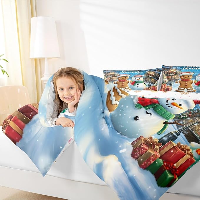 Gingerbread Man Girls Bedding Set Twin Size,Cute Snowman Merry Christmas Comforter Set,Snowflake Winter Xmas Poinsettia Quilt Comforter Girls Boys Teens,Blue Brown Room Decor All Season,1 Pillowcase