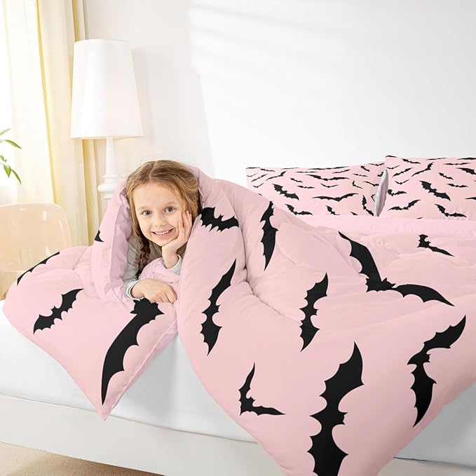Erosebridal Pink Halloween Bedding Set Gothic Bats Comforter Set Queen,Spooky Halloween Decor Quilt for Kids Boys Girls Adults Black Pink Goth Themed Duvet Insert,Goth Horror Animal