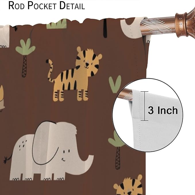 Jungle Safari Animals Blackout Curtains Cartoon Tropical Forest Animals Elephant Tiger Brown Art Print for Kids Boys Bedroom Nursery Rod Pocket Decoration Window Drapes 2 Panels W21xL63in