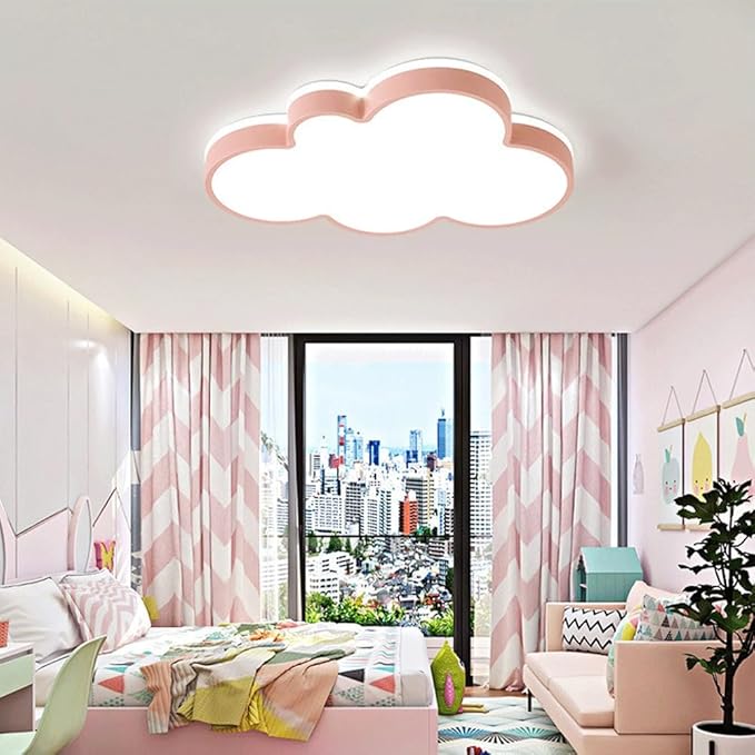 Cute Cloud LED Ceiling Light Fixture, Blue & White Flush Mount Lamp, Modern Eye-Caring Lighting for Kids’ Bedroom, Nursery, Baby Room, Playroom Decor(Red,68cm)