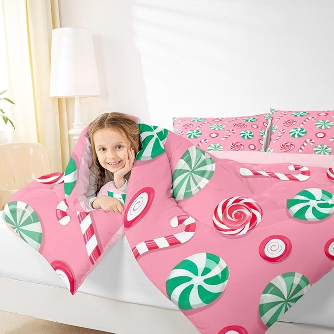 Feelyou Christmas Comforter Set King Size Candy Bedding Set for Kids Boys Girls Xmas Theme Duvet Quilt Bedroom Decor Microfiber 3 Pcs with 2 Pillow Cases