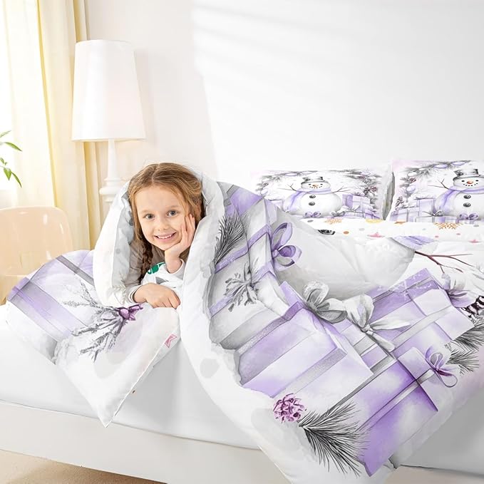 Feelyou Merry Christmas Bedding Set Soft for Boys Girls, Cute Snowman Comforter Set Toddler Size Duvet Quilt Microfiber Snowflake Bedroom Decor 2 Pcs with 1 Pillow Cases