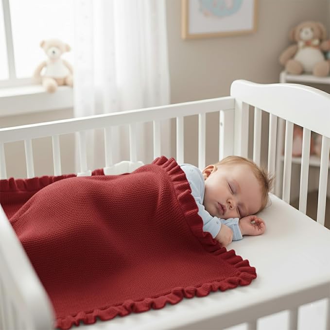 Cotton Baby Blanket with Ruffle Edge Soft Breathable Newborn Blanket for Boys & Girls, Lightweight Knit Throw for Crib, Stroller & Nursery Multiple Colors Available Red 28x36
