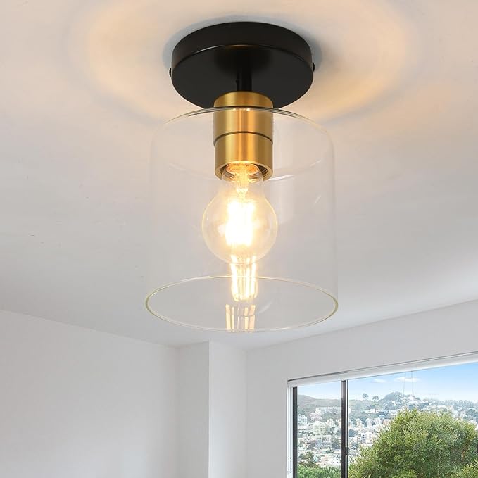 Black Brass Semi Flush Mount Ceiling Light,Modern Farmhouse Ceiling Light Fixture for Closet Entryway,Hallway Light Fixture 5.9in Clear Glass Shade 2 Pack