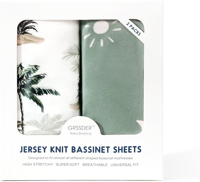 GRSSDER Stretchy Ultra Soft Fitted Bassinet Sheet Set 2 Pack, Universal Fit for Bassinets Baby Cradle Moses Basket Oval Rectangle Mattress Safe and Snug, Sunny Holiday Stylish Print
