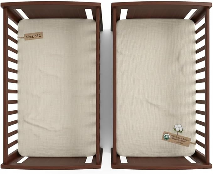Organic Crib Sheets Large Size 52x28x9 Inches 2 Pack Beige Muslin Sheets, Gentle Baby Crib Bedding, Stretchy Fit for Rectangular & Oval Crib Mattress, No Shrink After Wash