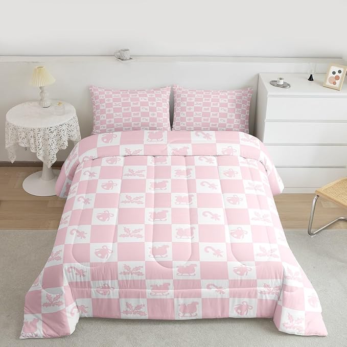 Feelyou Christmas Comforter Set Queen Size Checkered Pattern Bedding Set for Kids Boys Girls Holiday Theme Duvet Quilt Xmas Decorations Bedroom Decor Pink Microfiber 3 Pcs with 2 Pillow Cases