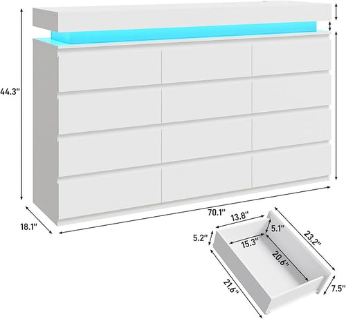 12 Drawer Dresser for Bedroom, 70" Wide 44" Tall Dresser with LED Light & Charging Station, Modern Chest of Drawers for Closet, Living Room, Entryway, Hallway (White, 12 Drawers)