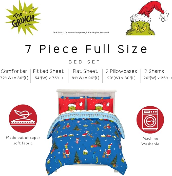 Grinch by Dr. Seuss Holiday & Christmas Bedding Super Soft Comforter and Sheet Set with Sham, 7 Piece Full Size (Official Dr. Seuss Product) by Franco