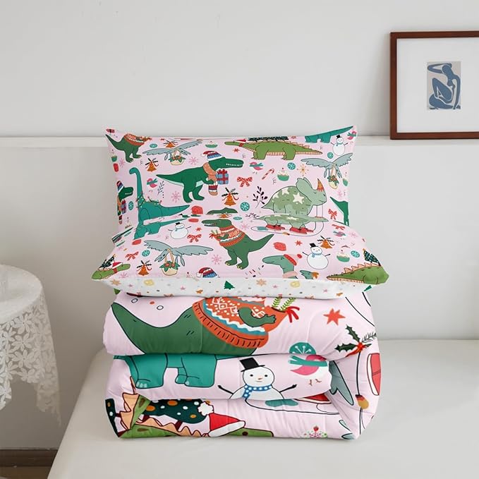 Feelyou Christmas Pink Comforter Set Toddler Size for Kids Boys Girls Cartoon Xmas Dinosaur Bedding Set Snowman New Year Decorations Bedroom Quilt Set