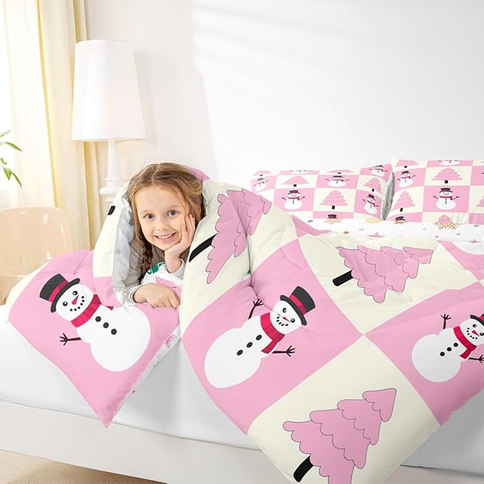 Feelyou Pink Christmas Kids Comforter Set Toddler Size Snowman Bedding Set Xmas Tree Duvet Quilt for Kids Boys Girls Bedroom Decor Microfiber Ultra Soft Breathable